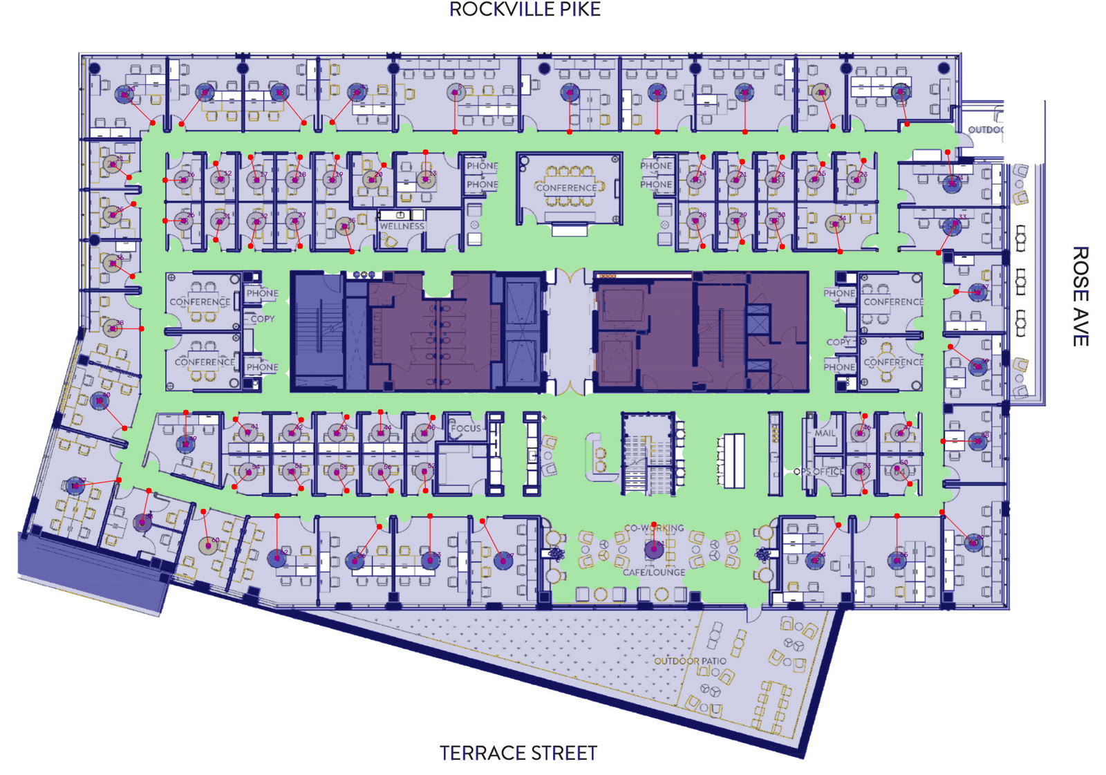 Segmented floor plan of the 909 Rose Avenue 4th floor: walls, core, furniture, the green navigable corridor network, and 67 numbered suite goal points